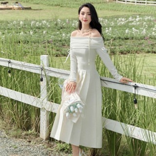 Váy Đầm Nữ Trễ Vai Dáng Dài Chất Vải Len Co Giãn 4 Chiều Xếp Li Che Khuyết Điểm 2 LỚP Thiết Kế - Mayu boutique