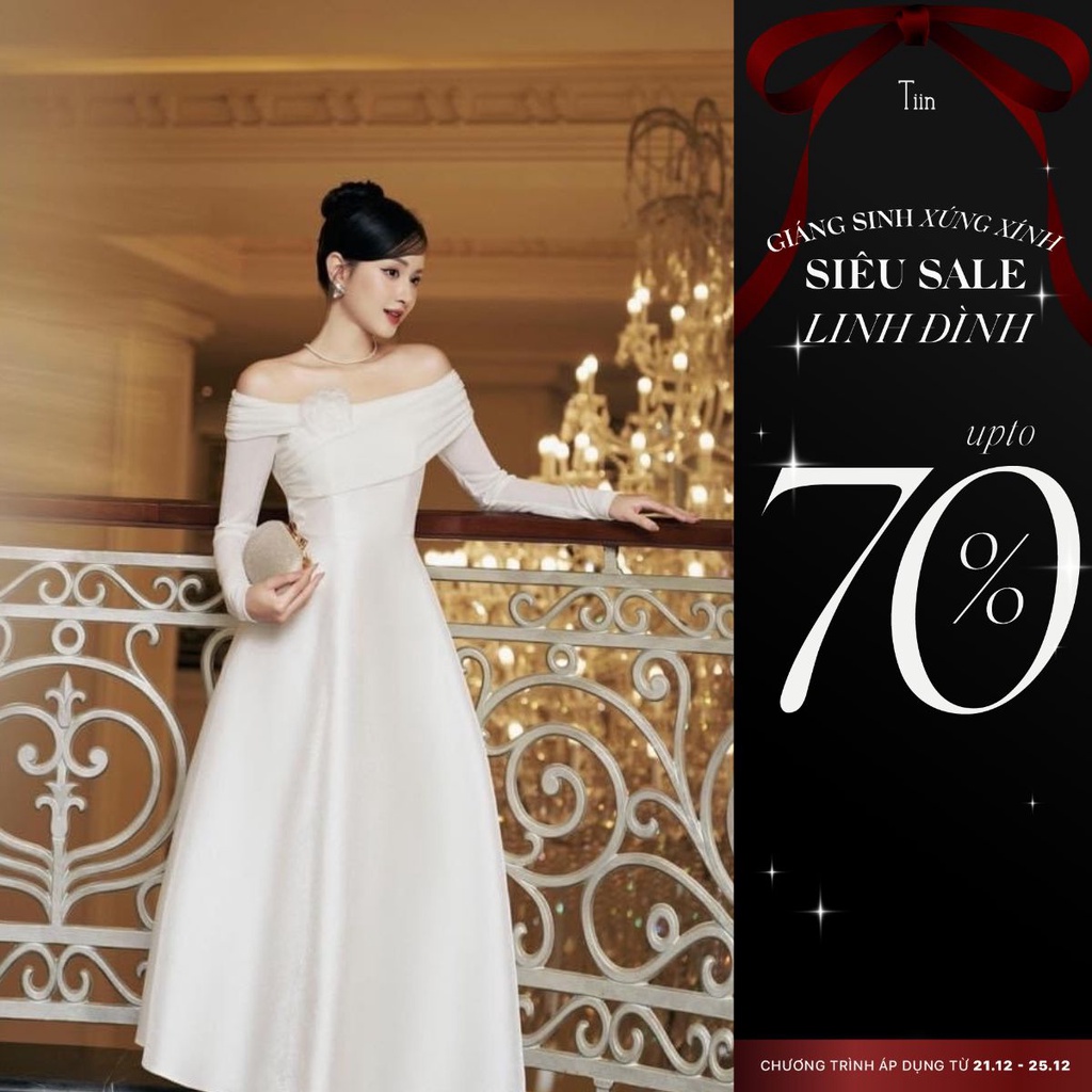 Váy lệch vai dáng xoè hoa cài chất tafta nhũ Tiin Store - VHD957