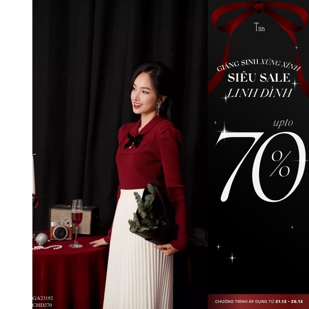 Áo len nữ dài tay cổ sen đinh nơ cúp ngực viền freesize hai màu Tiin Store GA23192