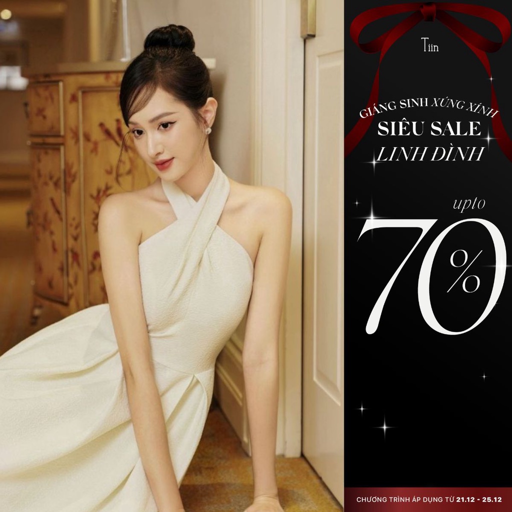 Váy dự tiệc nữ màu kem dáng xòe dài cổ chéo Tiin Store V0D932