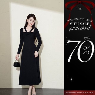 Váy len tăm nữ dài tay cổ xoắn dáng xòe màu đen Tiin Store VDD938