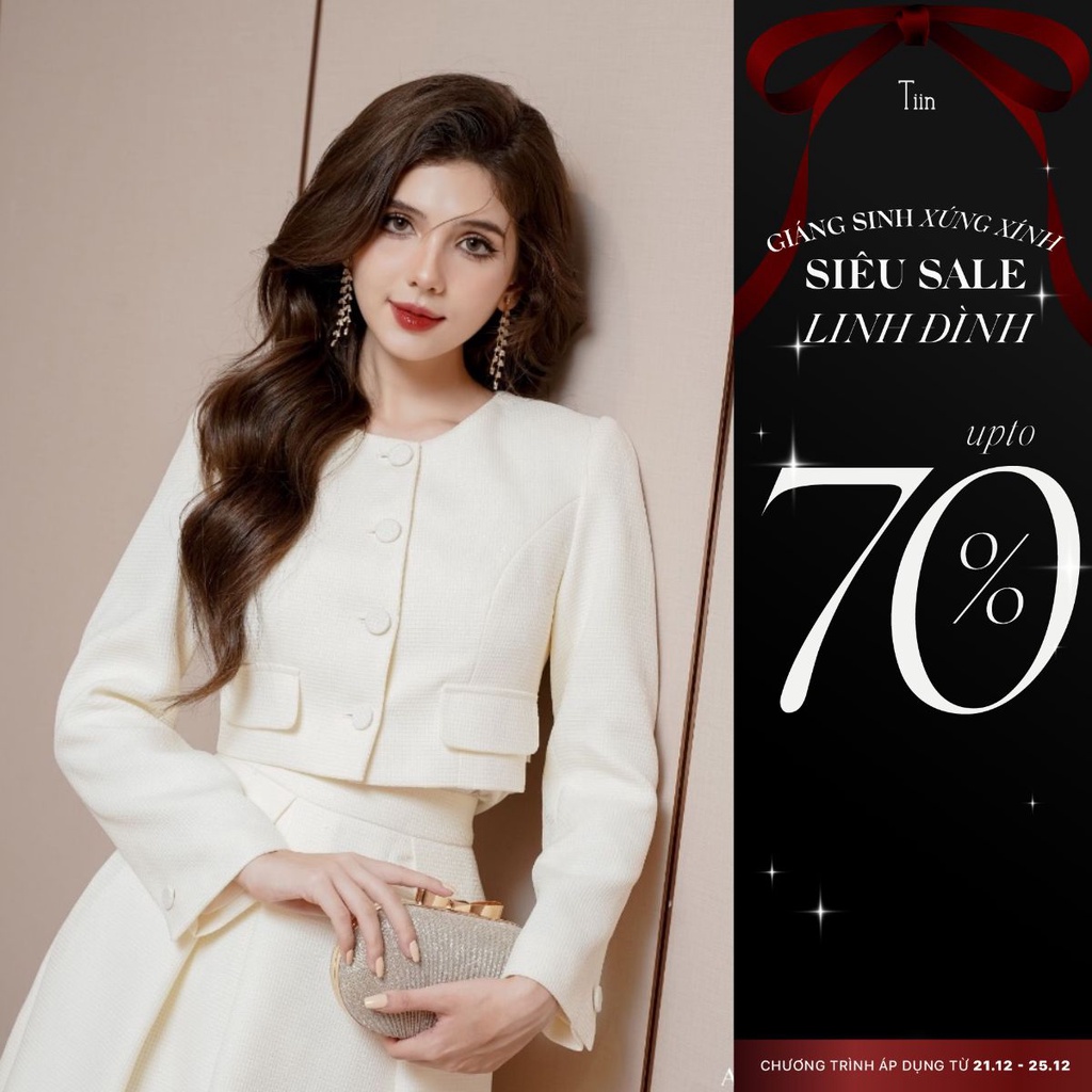 Áo dạ tweed nữ cổ tròn nắp túi tay dài xẻ khuy Tiin Store ADD864