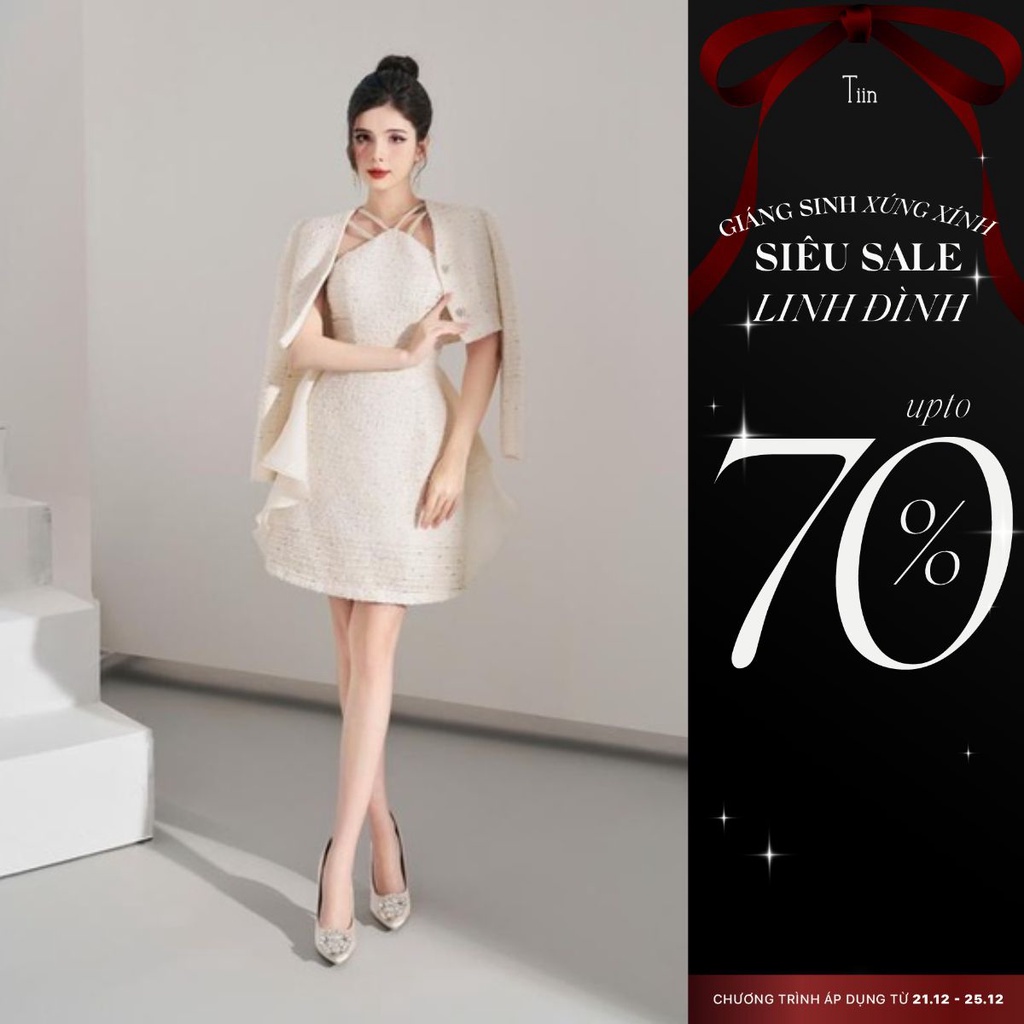 Váy cổ yếm phối tà sườn voan tơ màu kem TIINSTORE VDN974
