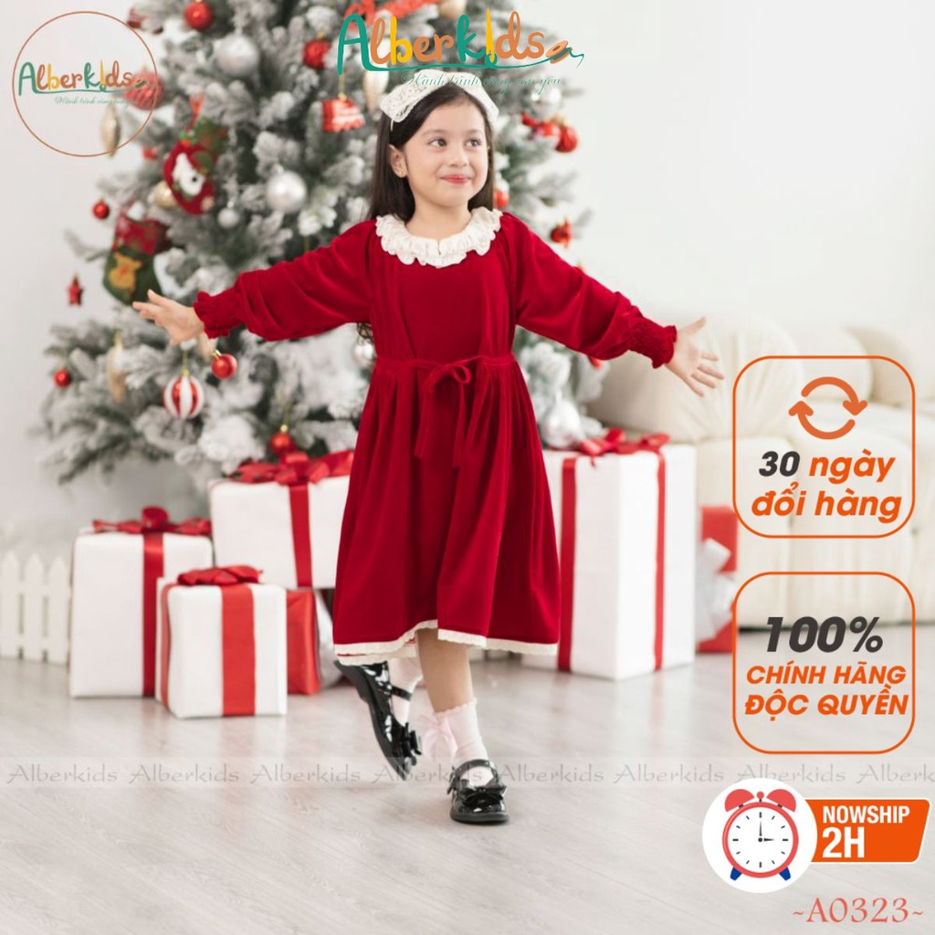 Váy bé gái ALBERKIDS cổ ren nhung mềm cho trẻ em 2,3,4,5,6,7,8,9,10,11,12 tuổi A0323
