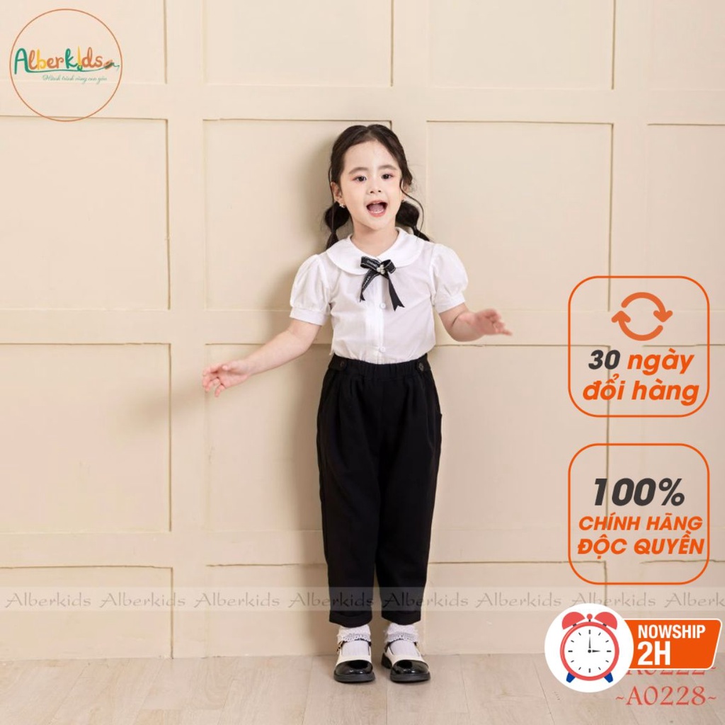 Sét đồ đi học bé gái ALBERKIDS áo cổ sen nơ ngực quần dài đen baggy cho trẻ em 4,5,6,7,8,9,10,11,12 tuổi [A0228-A0222]