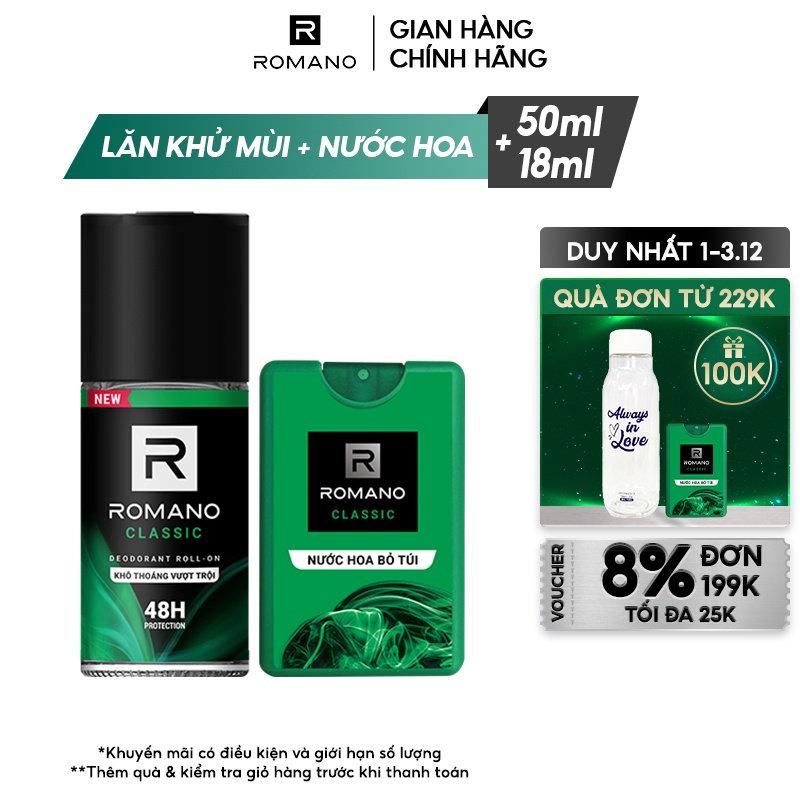 Combo Lăn khử mùi 50ml + Nước hoa bỏ túi 18ml - Hương Classic