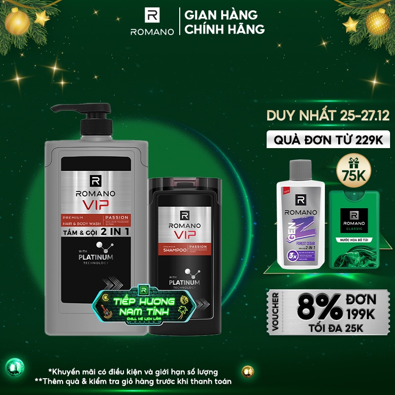 Tắm Gội Cao Cấp Romano Vip Vission/Passion Mùi Hương Bí Ẩn Nam Tính 830G