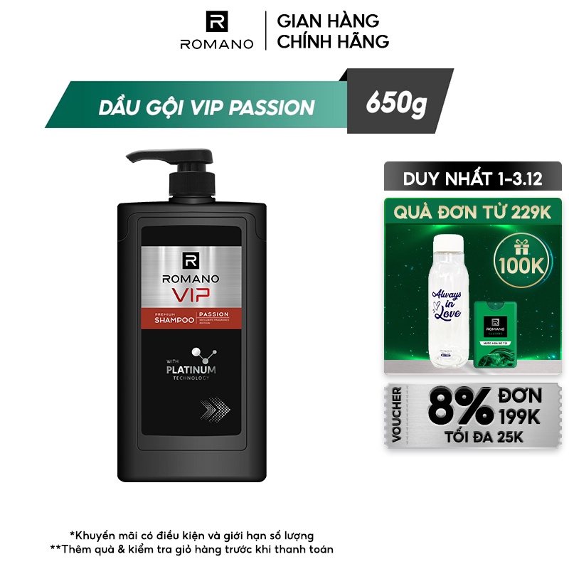 [Dung Tích Lớn] Dầu Gội Cao Cấp Romano Vip Vission/Passion Mùi Hương Bí Ẩn Nam Tính 830G