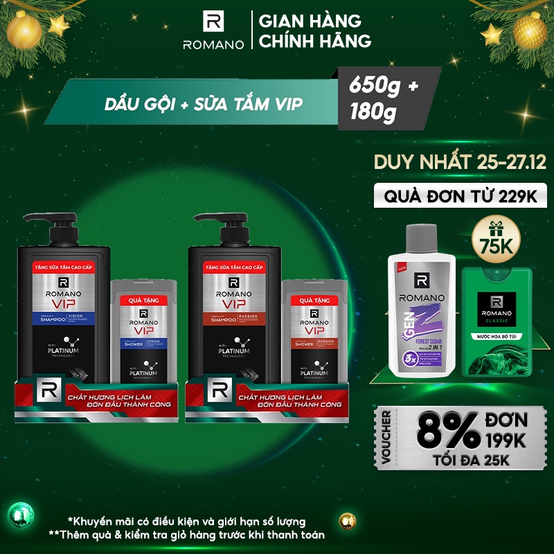 Combo Dầu gội Romano Vip 650g + Sữa tắm Romano Vip 180g