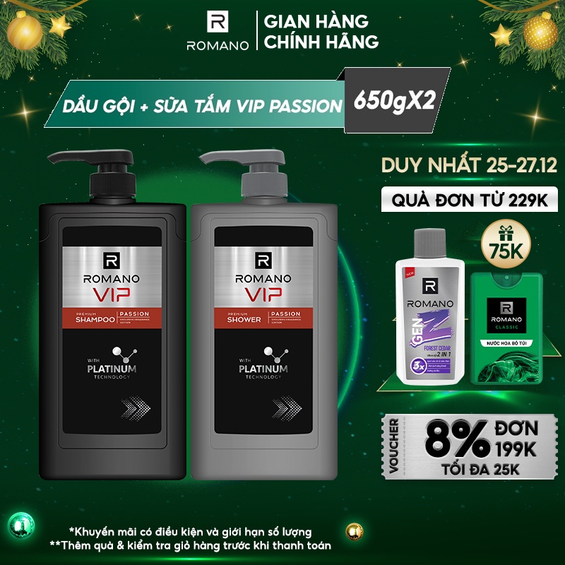 Combo Dầu gội và Sữa tắm cao cấp Romano Vip Passion mạnh mẽ bí ẩn 650g/chai