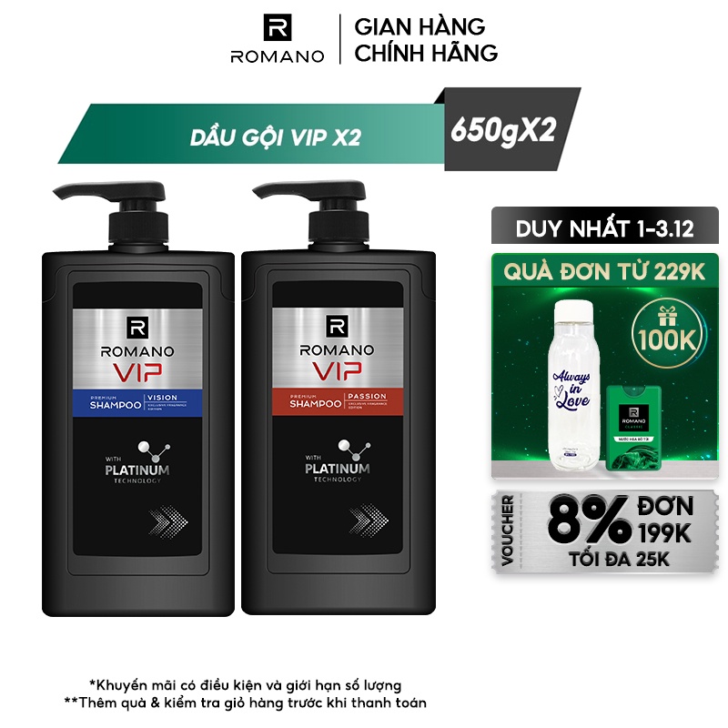 Combo Dầu gội và Sữa tắm cao cấp Romano Vip Passion mạnh mẽ bí ẩn 650g/chai