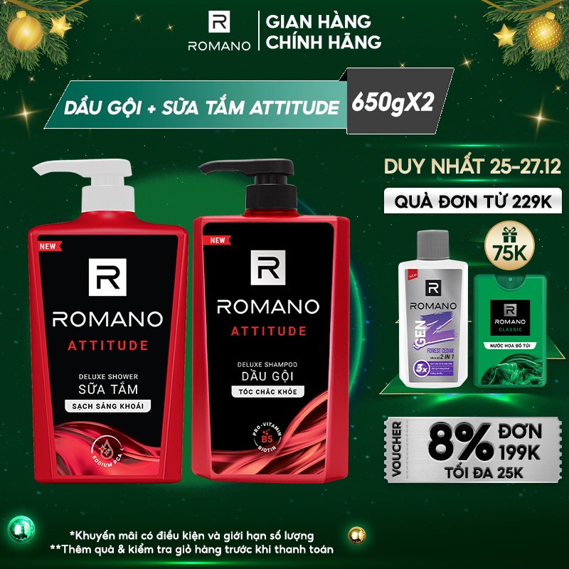 Combo Dầu gội và Sữa tắm cao cấp Romano Attitude 650g/chai