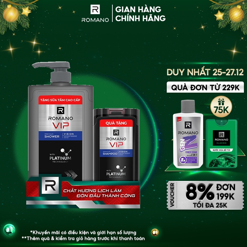 Sữa tắm cao cấp Romano Vip 650g + Dầu gội Vip 150g
