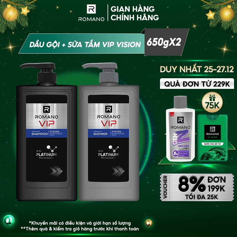 Combo Dầu gội và Sữa tắm cao cấp Romano Vip Vision sang trọng cuốn hút 650g/chai