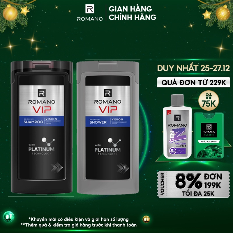Combo Dầu gội và Sữa tắm Romano Vip Vision sang trọng cuốn hút 180g/chai