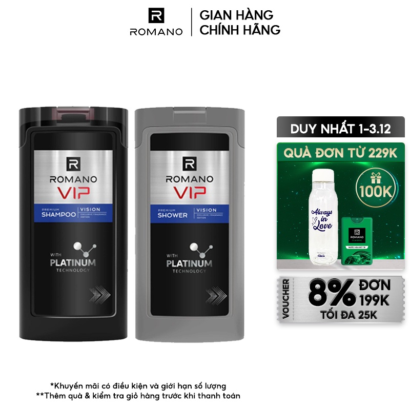 Combo Dầu gội và Sữa tắm Romano Vip Vision sang trọng cuốn hút 180g/chai