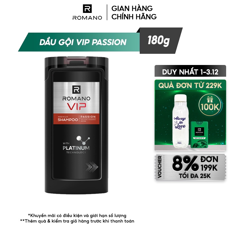 Dầu gội cao cấp Romano Vip Passion mạnh mẽ bí ẩn 180g/chai