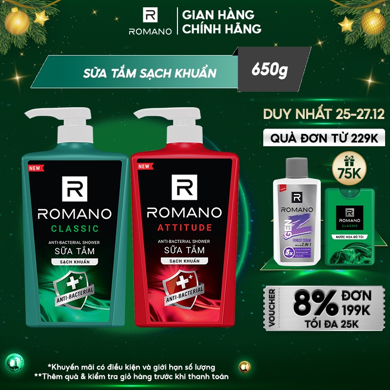 Sữa tắm sạch khuẩn Romano hương thơm nam tính Classic/ Attitude 650g/chai - 2 mùi hương có sẵn
