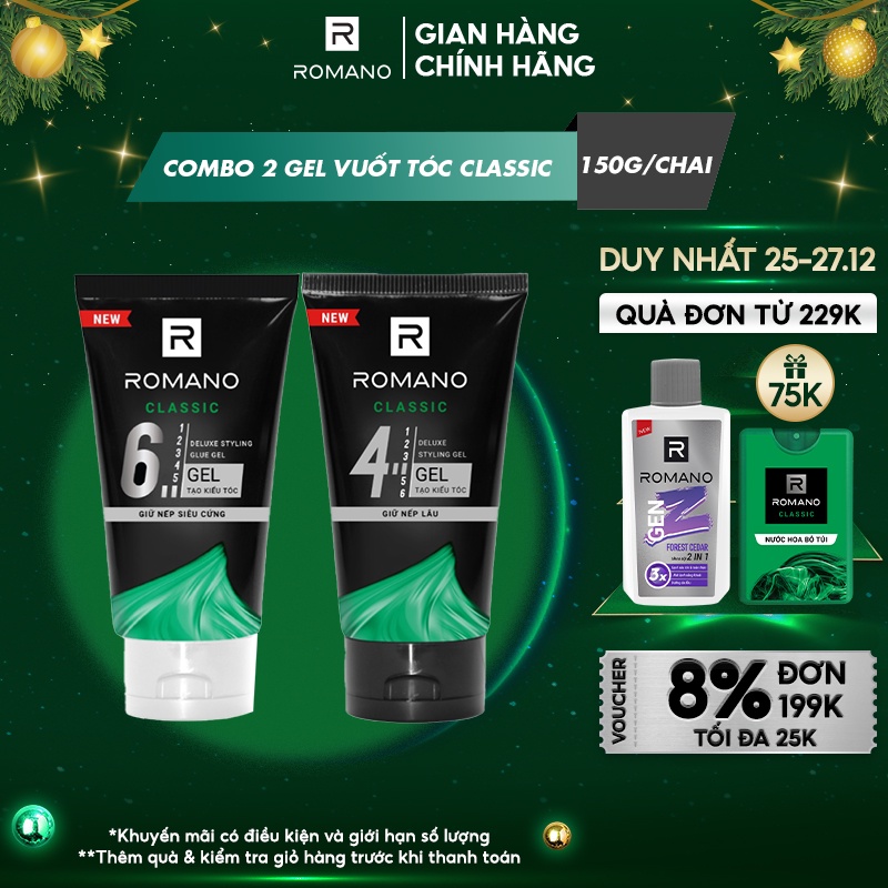 Combo 2 Gel vuốt tóc Romano Classic giữ nếp lâu và giữ nếp siêu cứng 150g/chai