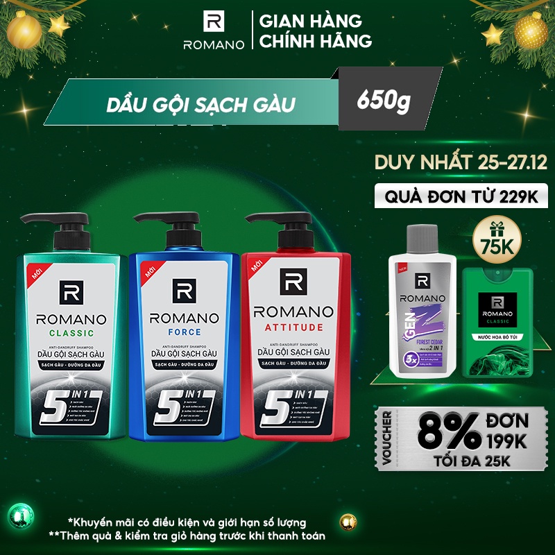 Dầu gội sạch gàu Romano hương nước hoa Classic/ Force/ Attitude 650g - 3 mùi hương có sẵn