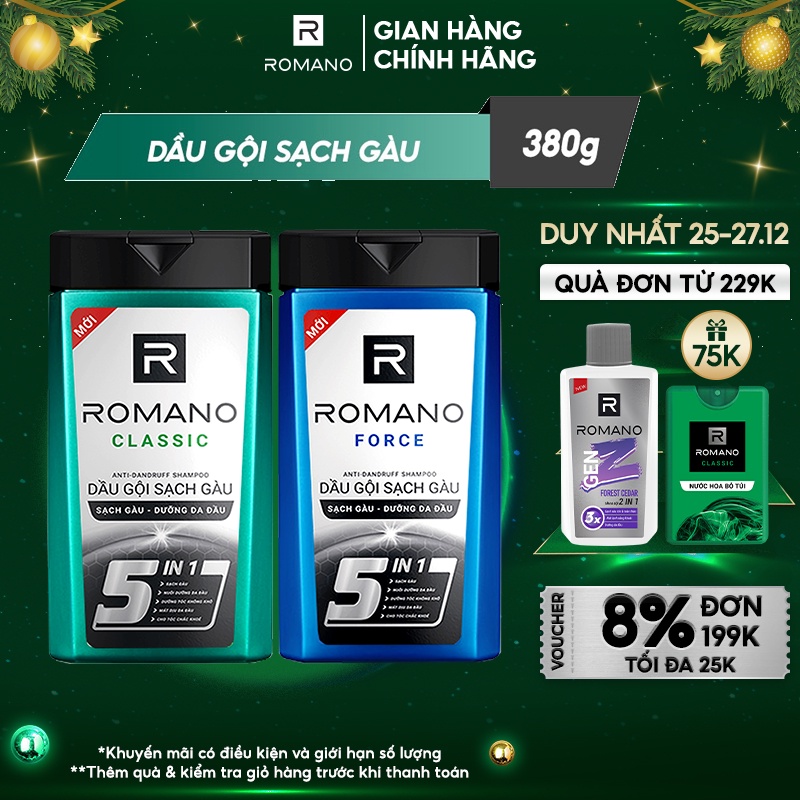 Dầu gội sạch gàu Romano hương nước hoa Classic/Force 380g/chai - 2 mùi hương có sẵn