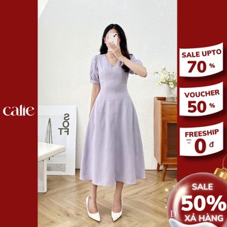 Váy dáng xòe midi cổ v tay bồng calie vx134
