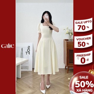 Váy dáng xòe midi cổ vuông tay bồng calie vx129