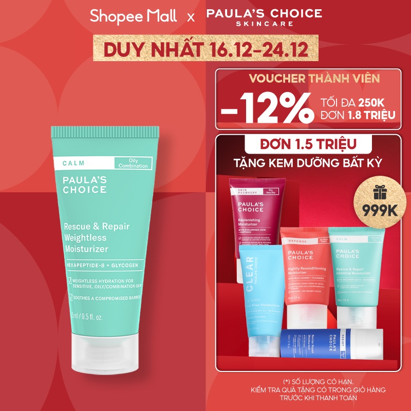 Kem dưỡng ẩm phục hồi cho da dầu nhạy cảm Paula's Choice Calm Rescue & Repair Weightless Moisturizer 15ml 9227