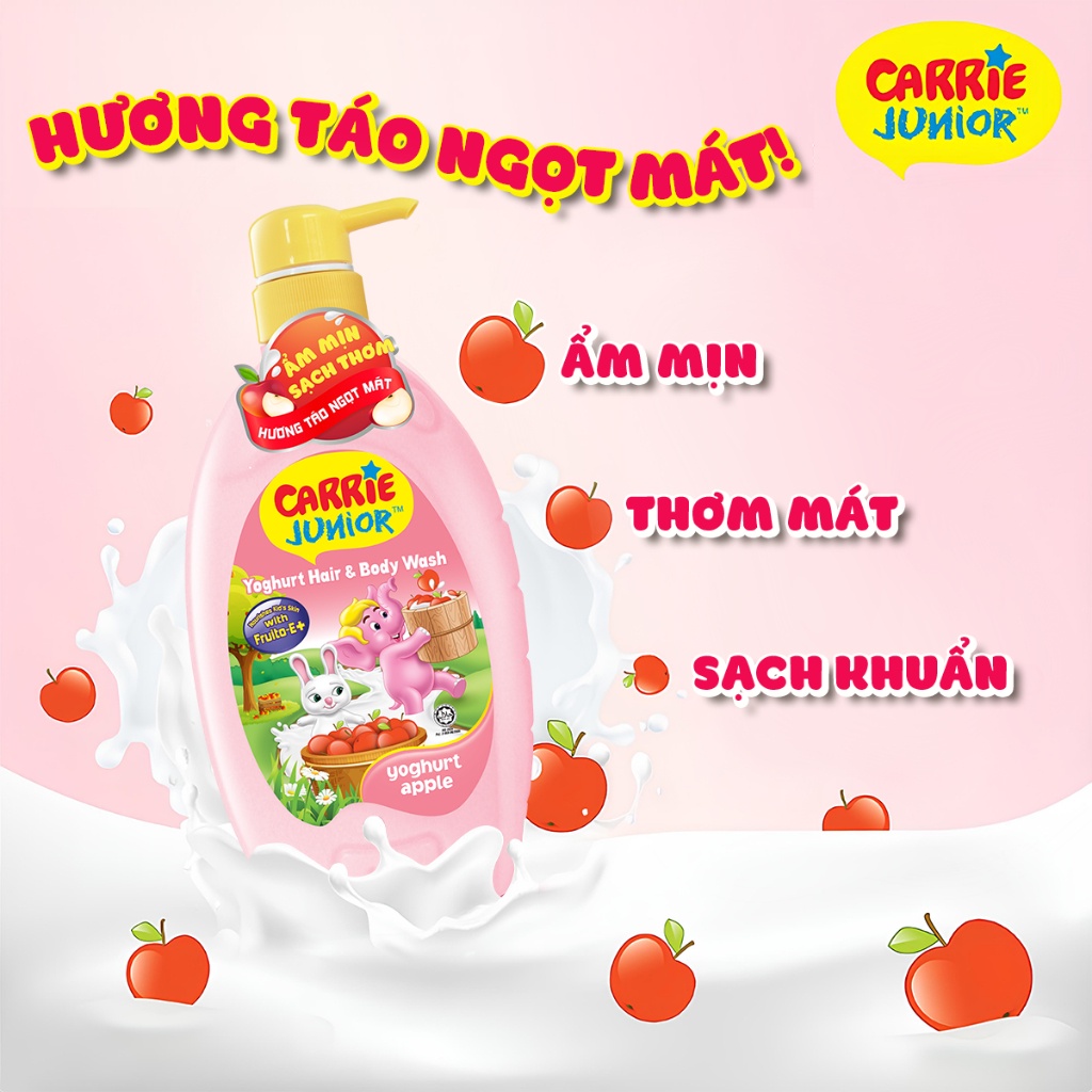 [MỚI] Chai Sữa Tắm Gội Carrie Junior Yoghurt Hương Táo 700g (MỚI) + Voi bông ngẫu nhiên