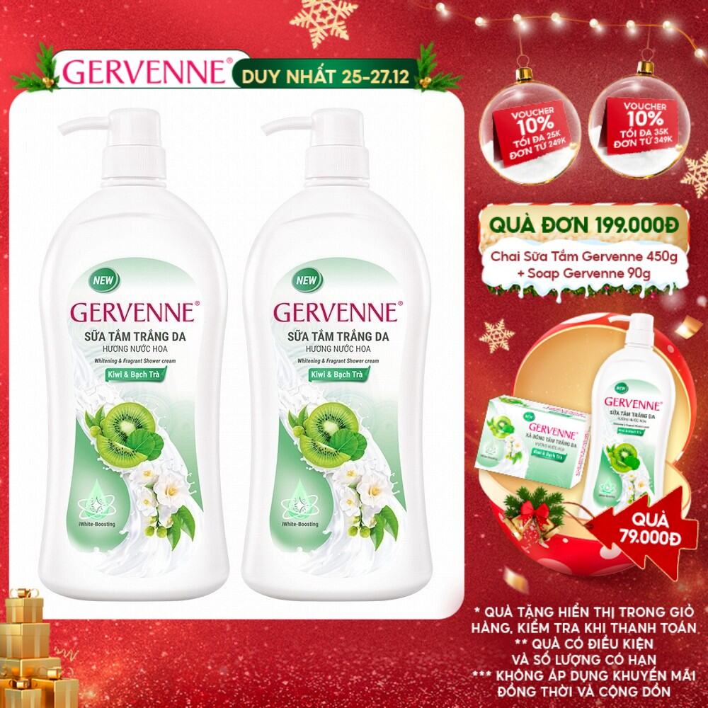Combo 2 Sữa tắm trắng da hương nước hoa Gervenne Kiwi và Bạch Trà (450g/chai)