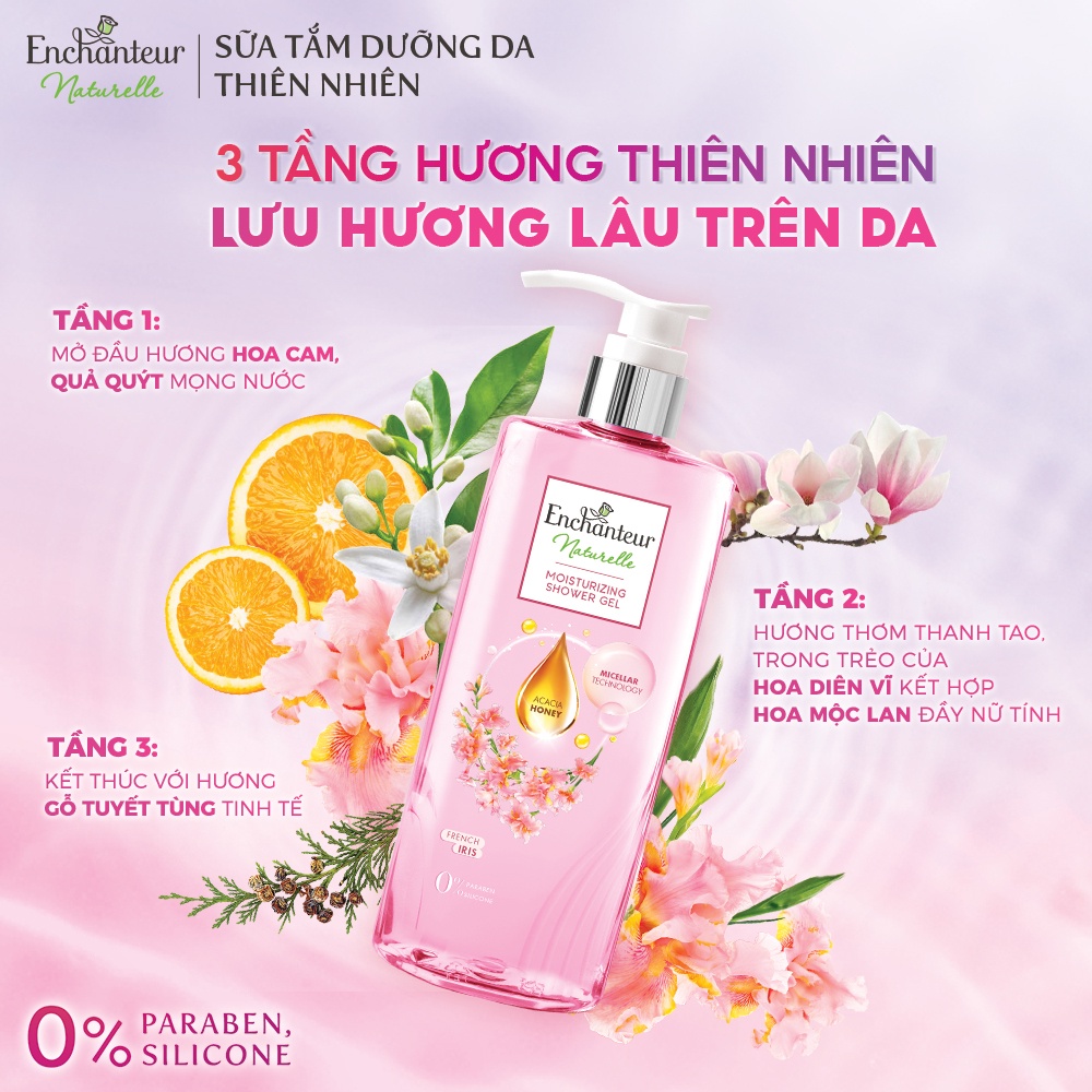 Sữa tắm dưỡng da thiên nhiên Enchanteur Naturelle hương hoa Lavender/ Iris/Rose 510gr/Chai