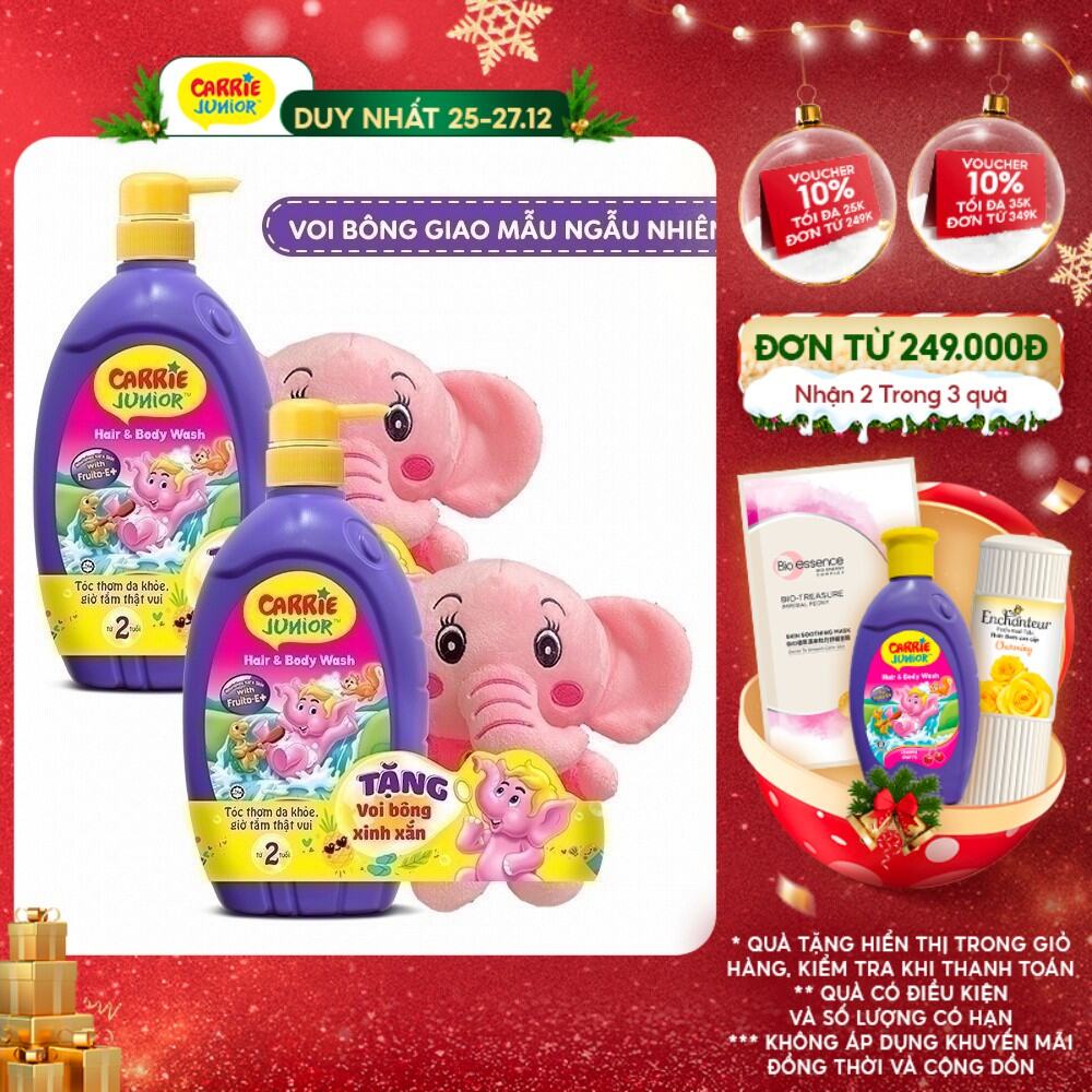 Combo 2 Sữa Tắm Gội cho bé Carrie Junior (700g/chai) Hương Cherry + 2 Voi Bông (màu ngẫu nhiên)