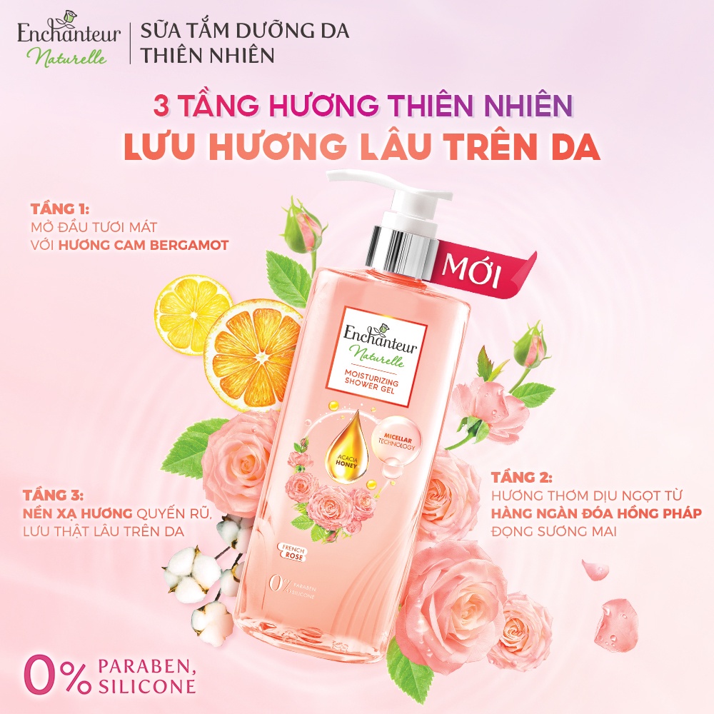 Bộ 2 Sữa tắm dưỡng da thiên nhiên Enchanteur Naturelle hương hoa hồng Pháp 510gr/Chai