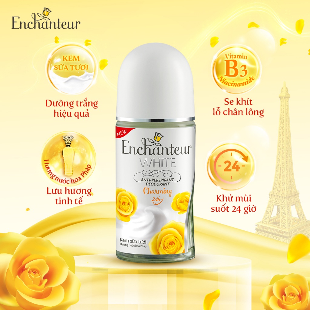 Lăn khử mùi trắng da Enchanteur Charming 50ml + Tặng Dây dầu gội Enchanteur 6g/gói