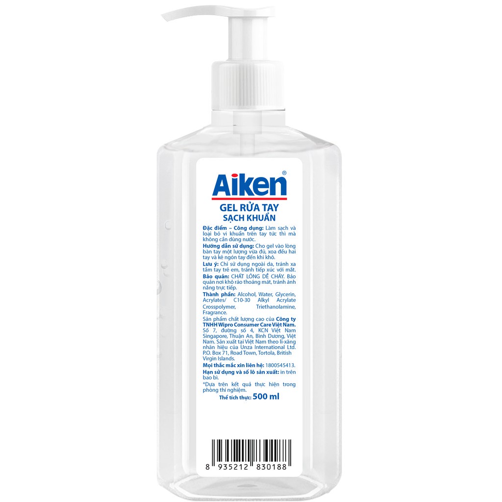 Aiken Combo 2 Gel rửa tay Sạch khuẩn 500ml/chai Dạng vòi