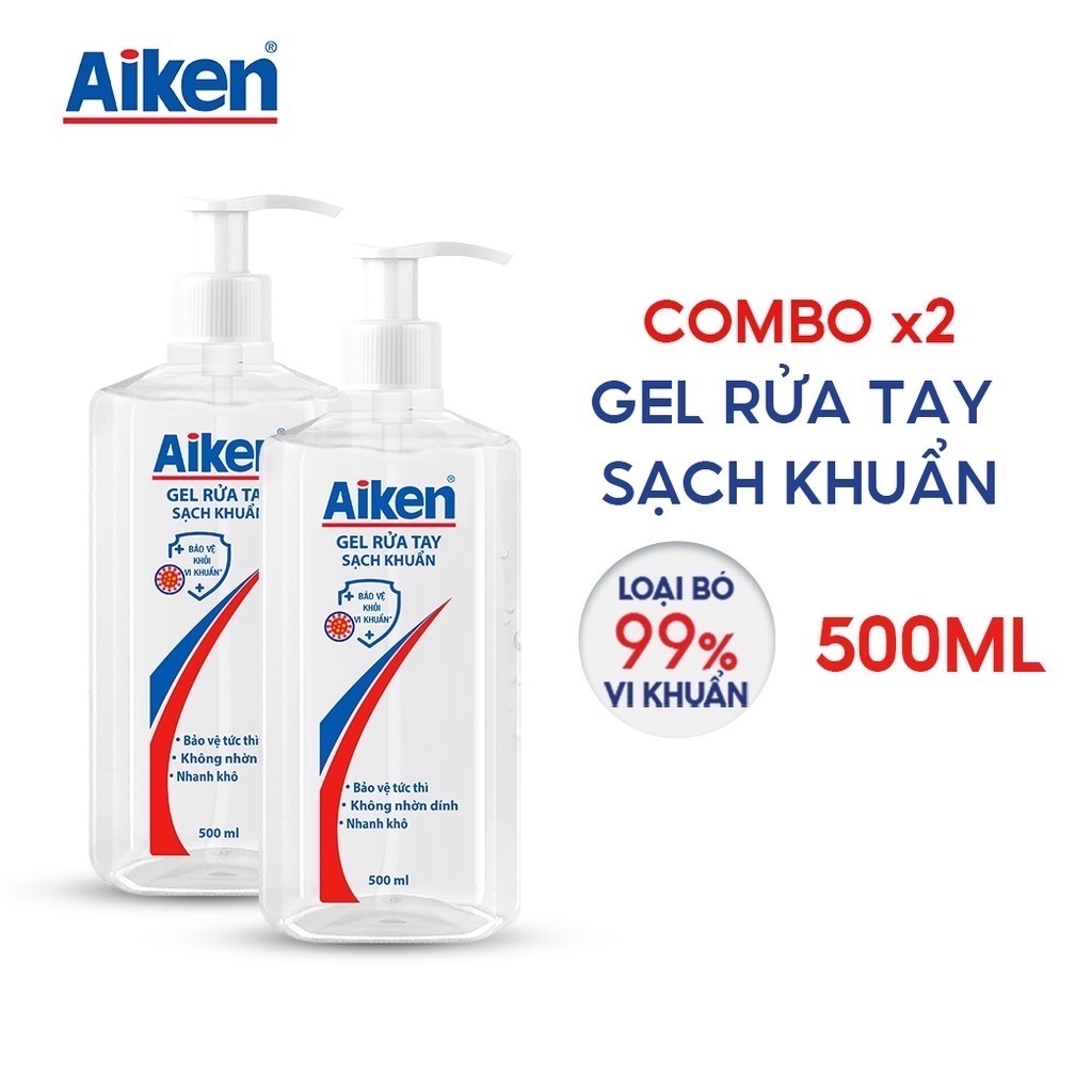 Aiken Combo 2 Gel rửa tay Sạch khuẩn 500ml/chai Dạng vòi