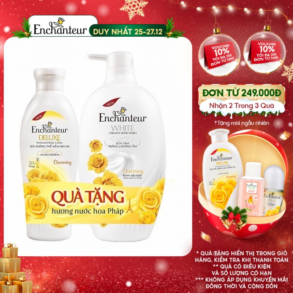 Sữa tắm trắng dưỡng ẩm Enchanteur Charming 650g + Sữa dưỡng thể Charming 150g