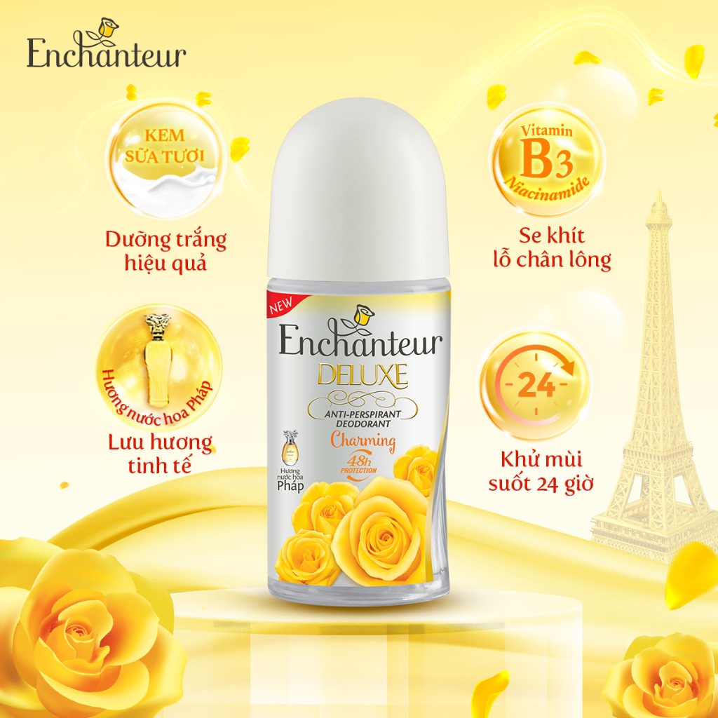 Lăn khử mùi hương nước hoa Enchanteur Charming 50ml + Tặng Dây dầu gội Enchanteur 6g/gói