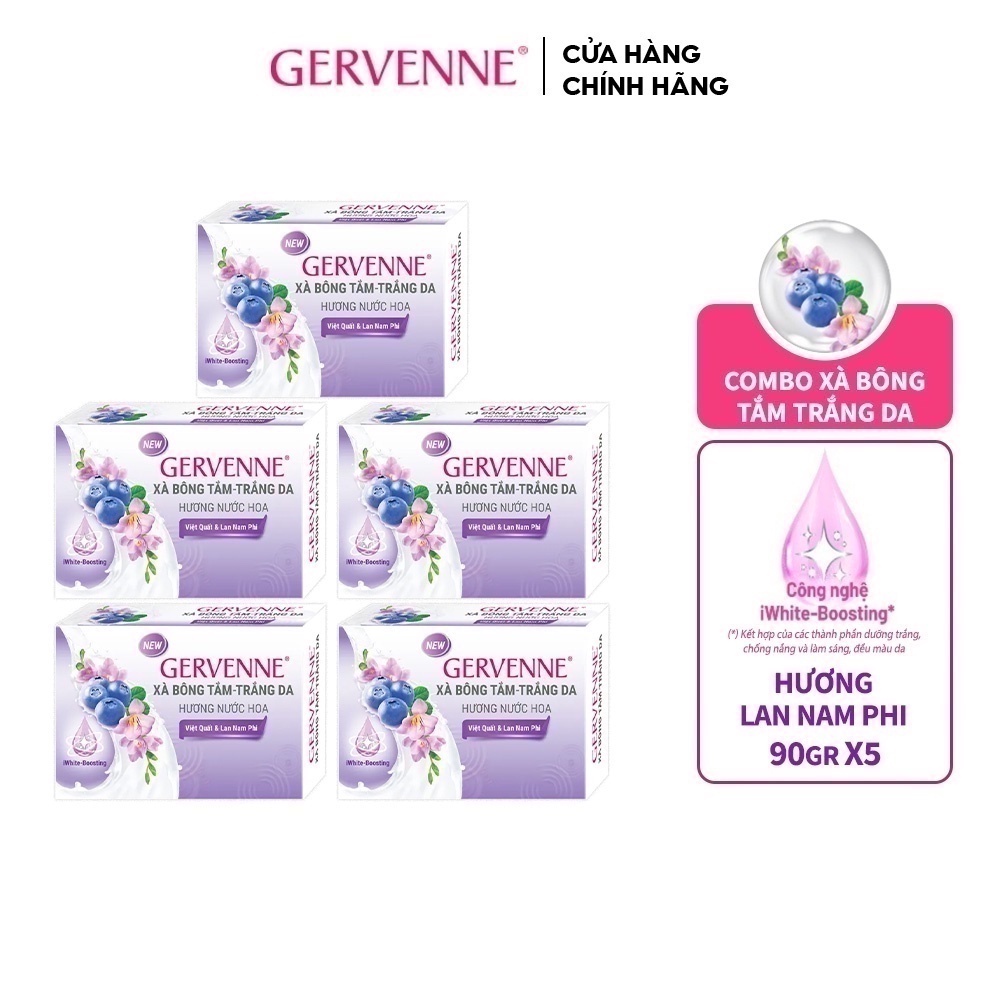 Combo 5 xà bông tắm trắng da hương nước hoa Gervenne Việt Quất & Lan Nam Phi 90g