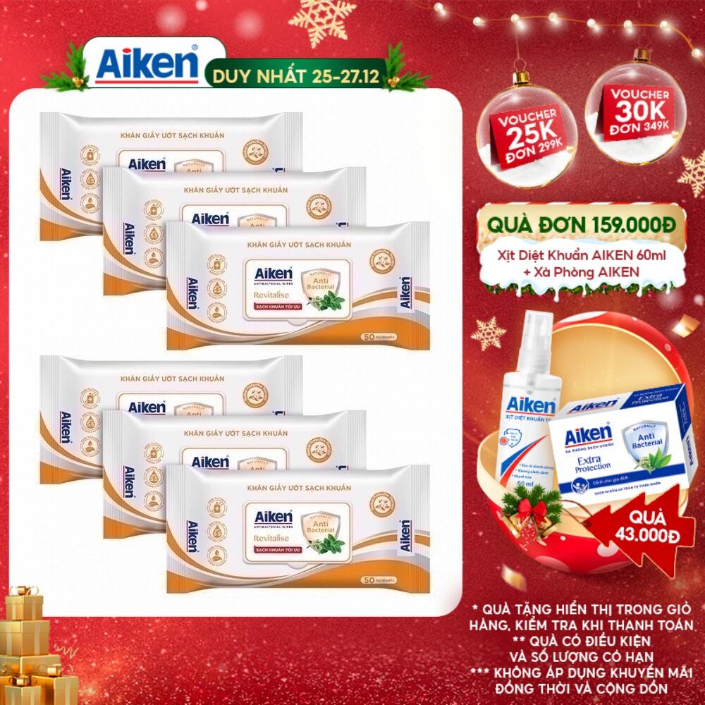 Aiken Combo 6 Khăn giấy ướt sach khuẩn chiết xuất bạc hà 50 tờ/túi