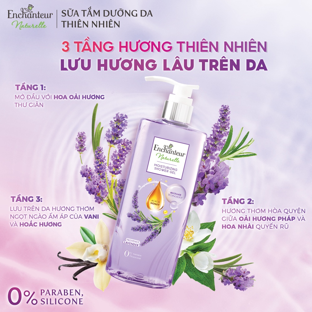 Sữa tắm dưỡng da thiên nhiên Enchanteur Naturelle hương hoa Lavender/ Iris/Rose 510gr/Chai