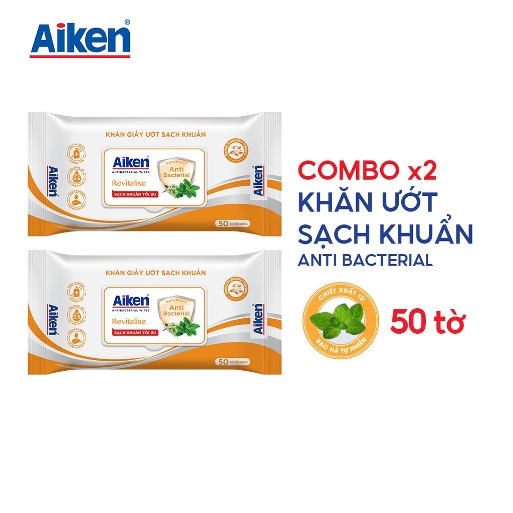 Aiken Combo 2 Gói Khăn Ướt Sạch Khuẩn Chiết Xuất Bạc Hà 50 Tờ/gói