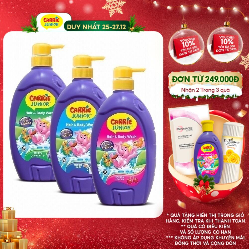Combo 3 Sữa Tắm Gội cho bé Carrie Junior ( 700g x 3 ): 1 Hương Grapeberry + 1 Hương Cherry + 1 Tinh Chất Sữa