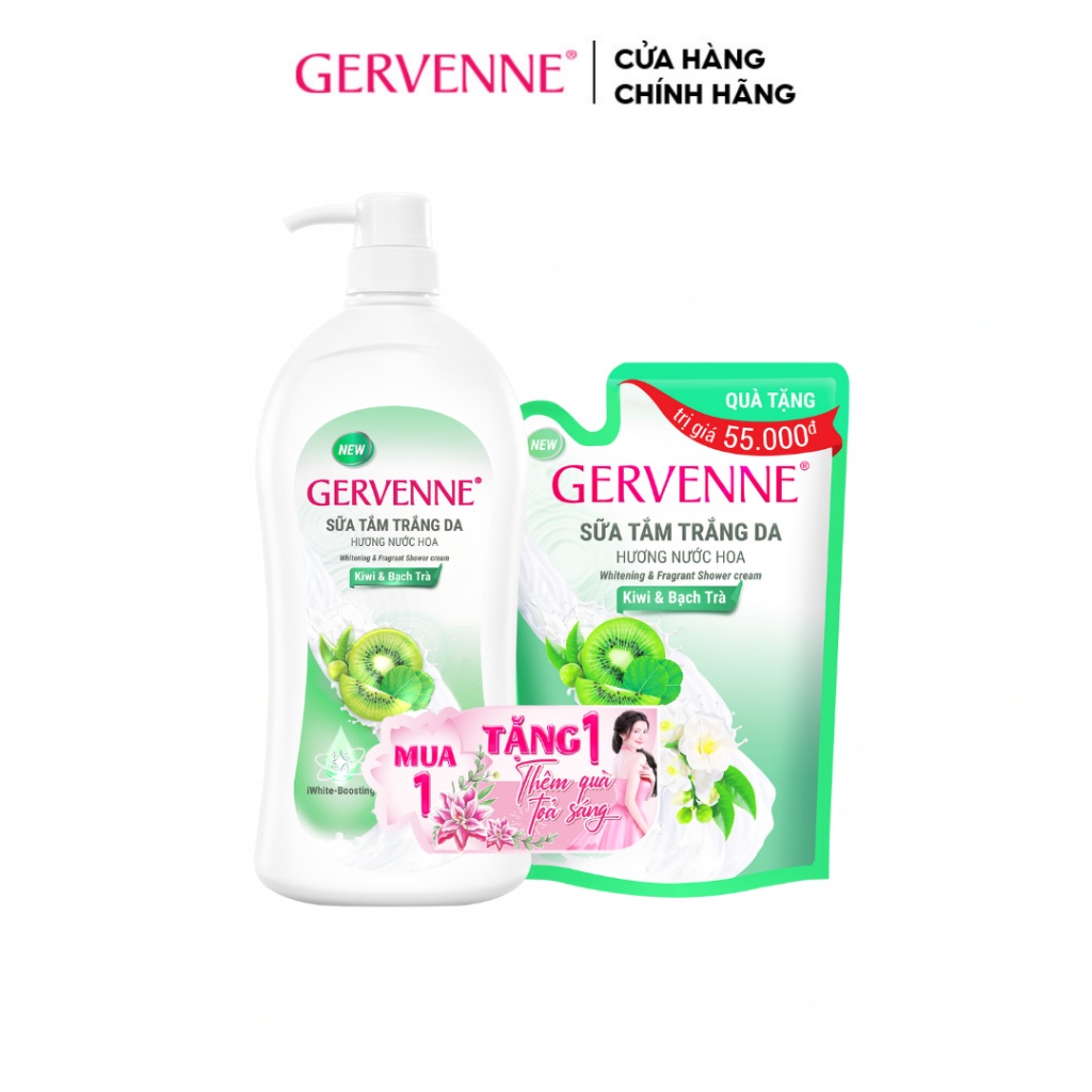Sữa tắm trắng da Gervenne Kiwi và Bạch Trà 900g + Túi sữa tắm 450g