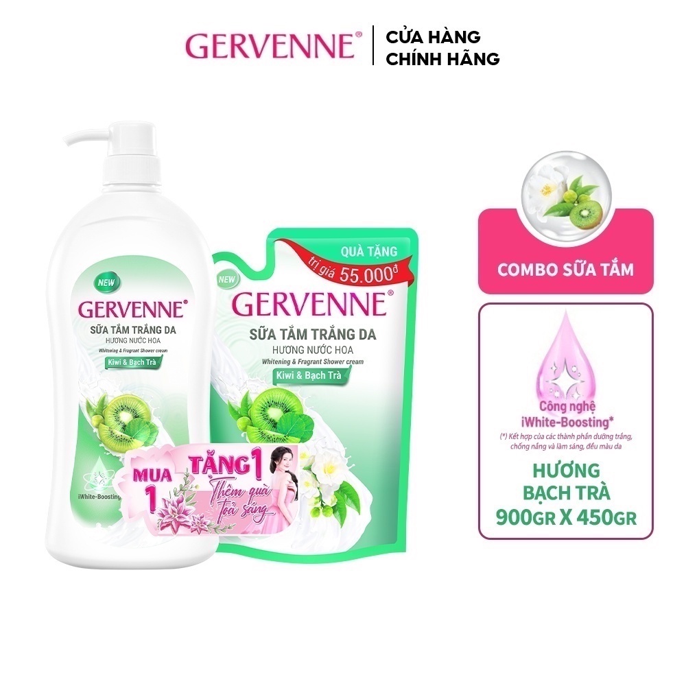 Sữa tắm trắng da Gervenne Kiwi và Bạch Trà 900g + Túi sữa tắm 450g