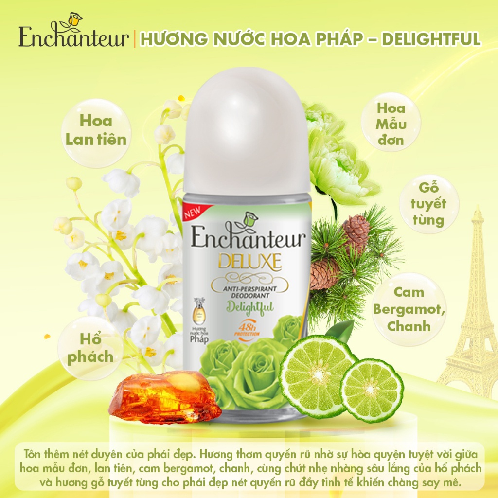 Combo Lăn Khử Mùi Hương Nước Hoa Enchanteur Delightful 50ml + Sáp Khử Mùi Trắng Da Enchanteur Delightful 40g