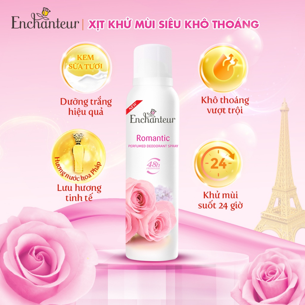 Combo Sữa Tắm Nước Hoa Dưỡng Da Enchanteur Romantic 650G + Xịt Khử Mùi Hương Nước Hoa Enchanteur Romantic 150ml