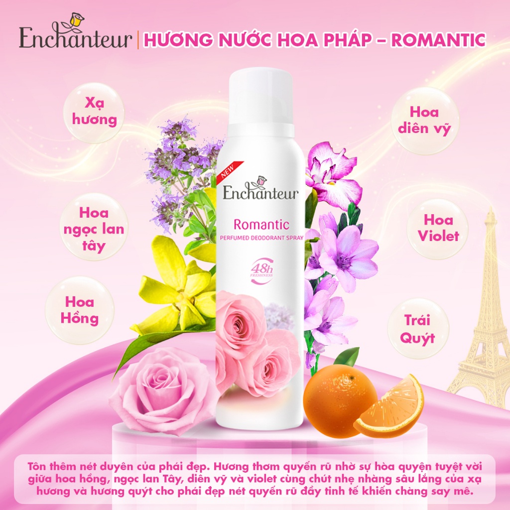 Combo Sữa Tắm Nước Hoa Dưỡng Da Enchanteur Romantic 650G + Xịt Khử Mùi Hương Nước Hoa Enchanteur Romantic 150ml