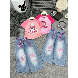 (Sét Đồ Bé Gái 18kg~40kg)Sét Đồ Bộ Bé Gái, Áo thun cotton, hình Gấu Dâu Cực Xinh, quần jean vải dày đầy đặn