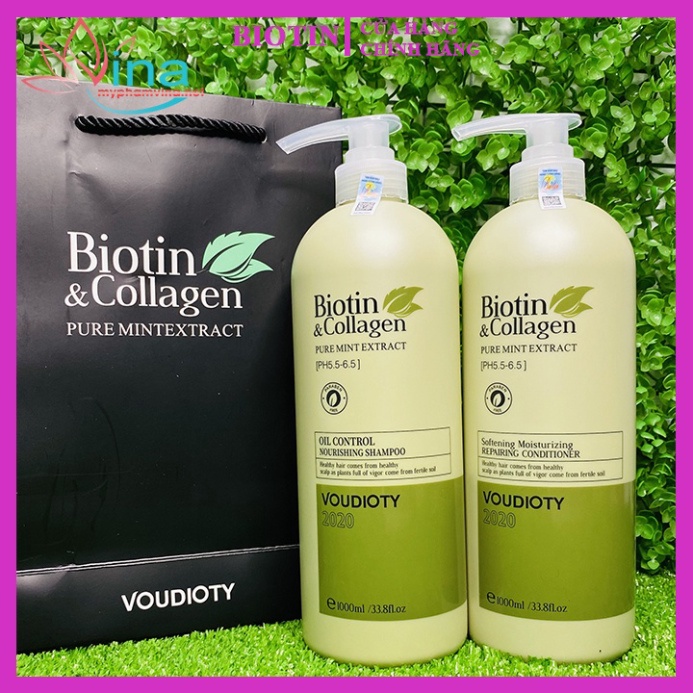 Chính hãng Cặp gội xả Biotin Collagen màu xanh lá: tóc bết nhanh, nhiều dầu 1000ml